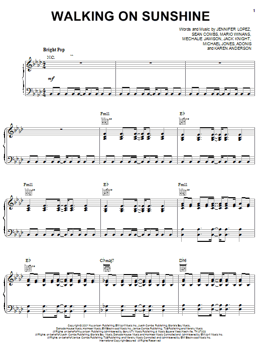 Jennifer Lopez Walking On Sunshine sheet music notes and chords arranged for Piano, Vocal & Guitar Chords (Right-Hand Melody)