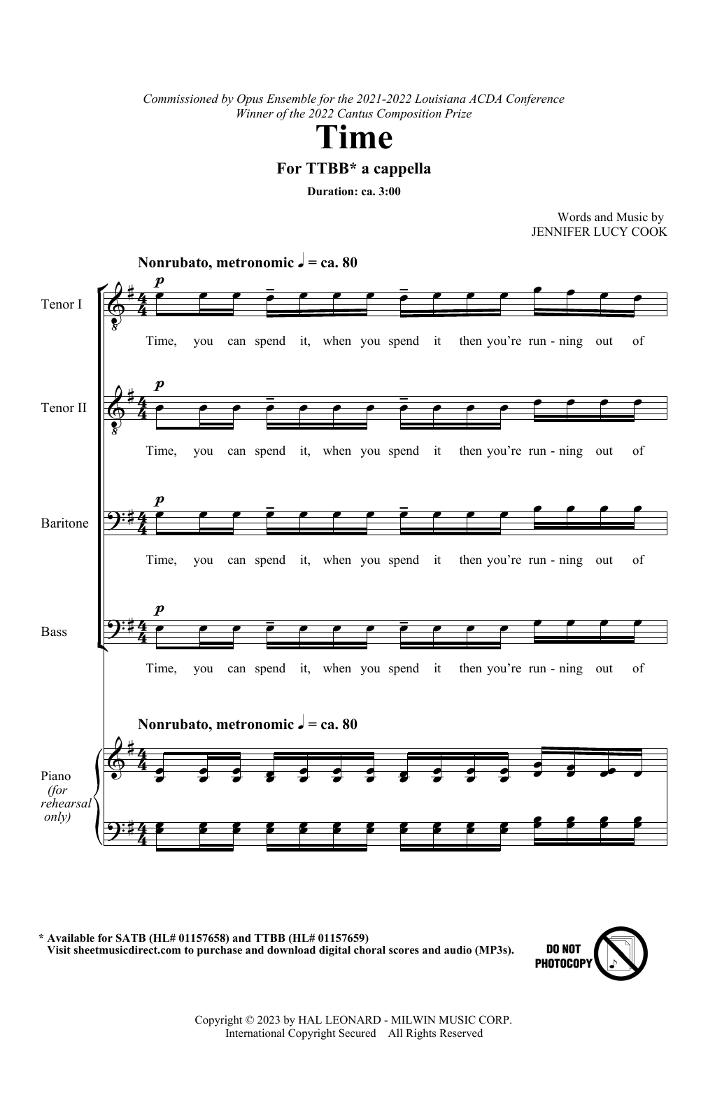 Jennifer Lucy Cook Time sheet music notes and chords arranged for TTBB Choir