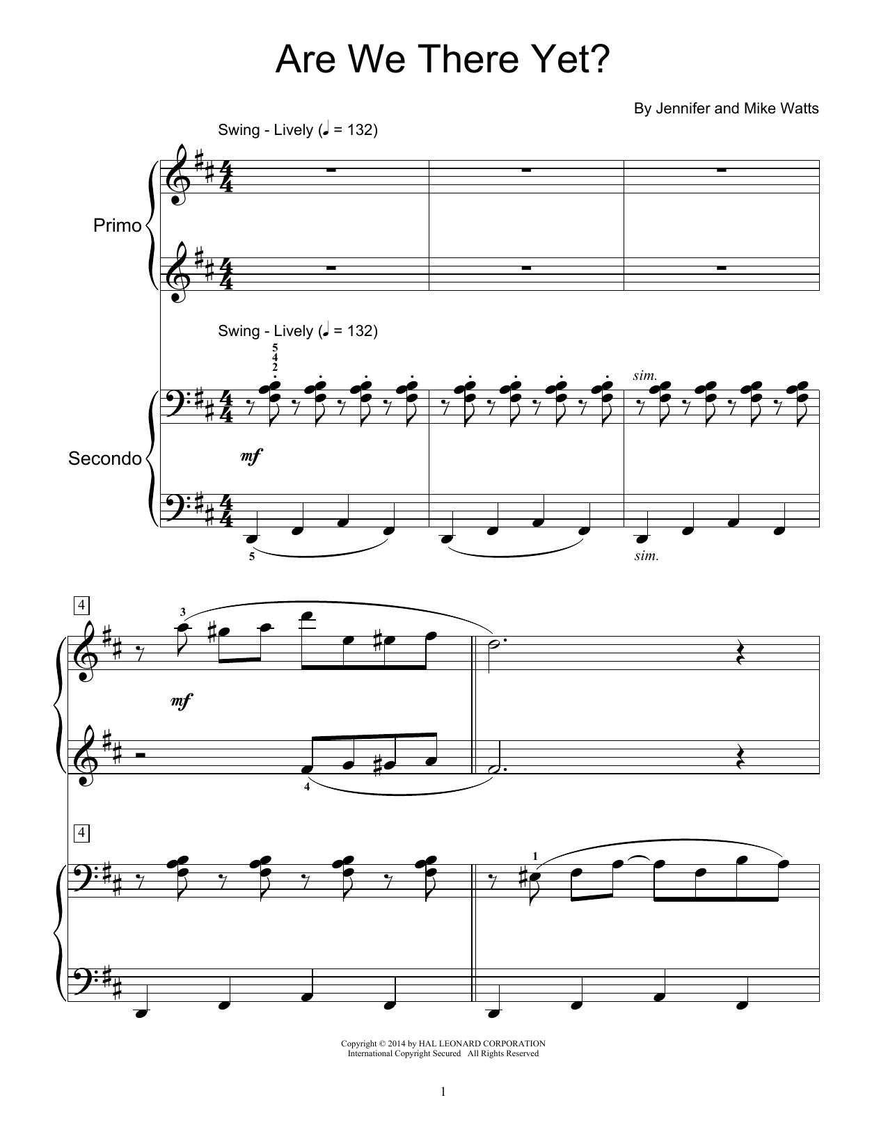 Jennifer Watts Are We There Yet? sheet music notes and chords arranged for Piano Duet