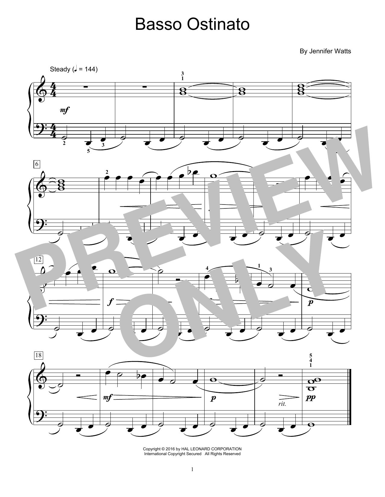 Jennifer Watts Basso Ostinato sheet music notes and chords arranged for Educational Piano