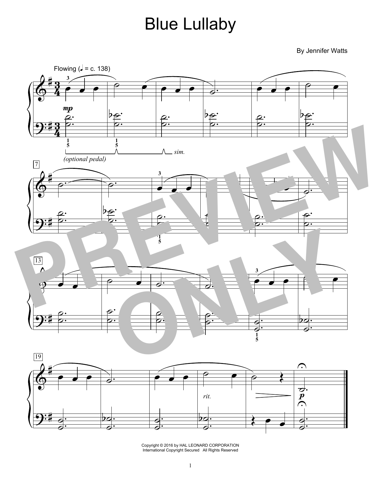 Jennifer Watts Blue Lullaby sheet music notes and chords arranged for Educational Piano