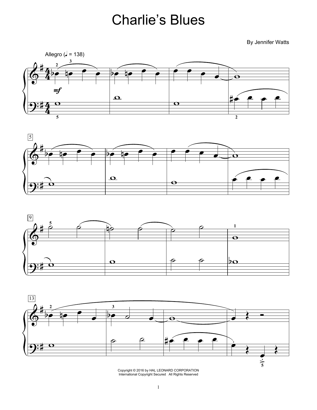 Jennifer Watts Charlie's Blues sheet music notes and chords arranged for Educational Piano
