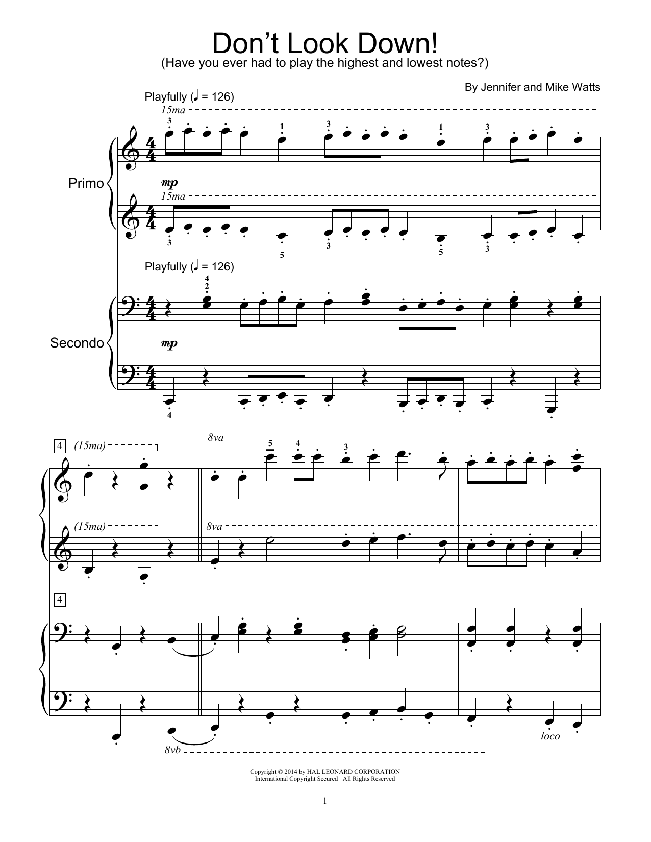 Jennifer Watts Don't Look Down! sheet music notes and chords arranged for Piano Duet