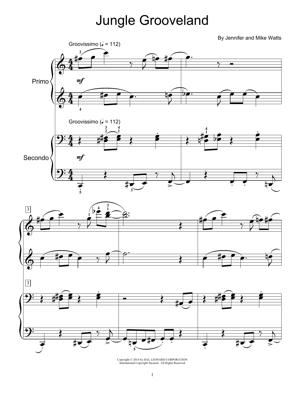 Jennifer Watts Jungle Grooveland sheet music notes and chords arranged for Piano Duet