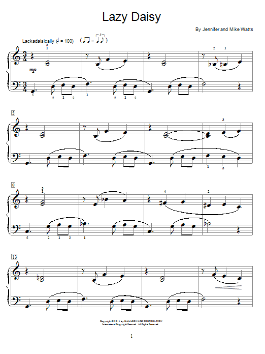 Jennifer Watts Lazy Daisy sheet music notes and chords arranged for Educational Piano