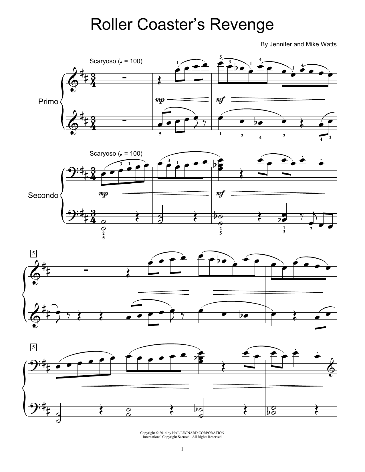 Jennifer Watts Roller Coaster's Revenge sheet music notes and chords arranged for Piano Duet