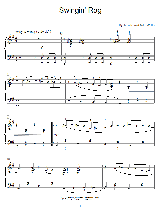 Jennifer Watts Swingin' Rag sheet music notes and chords arranged for Educational Piano