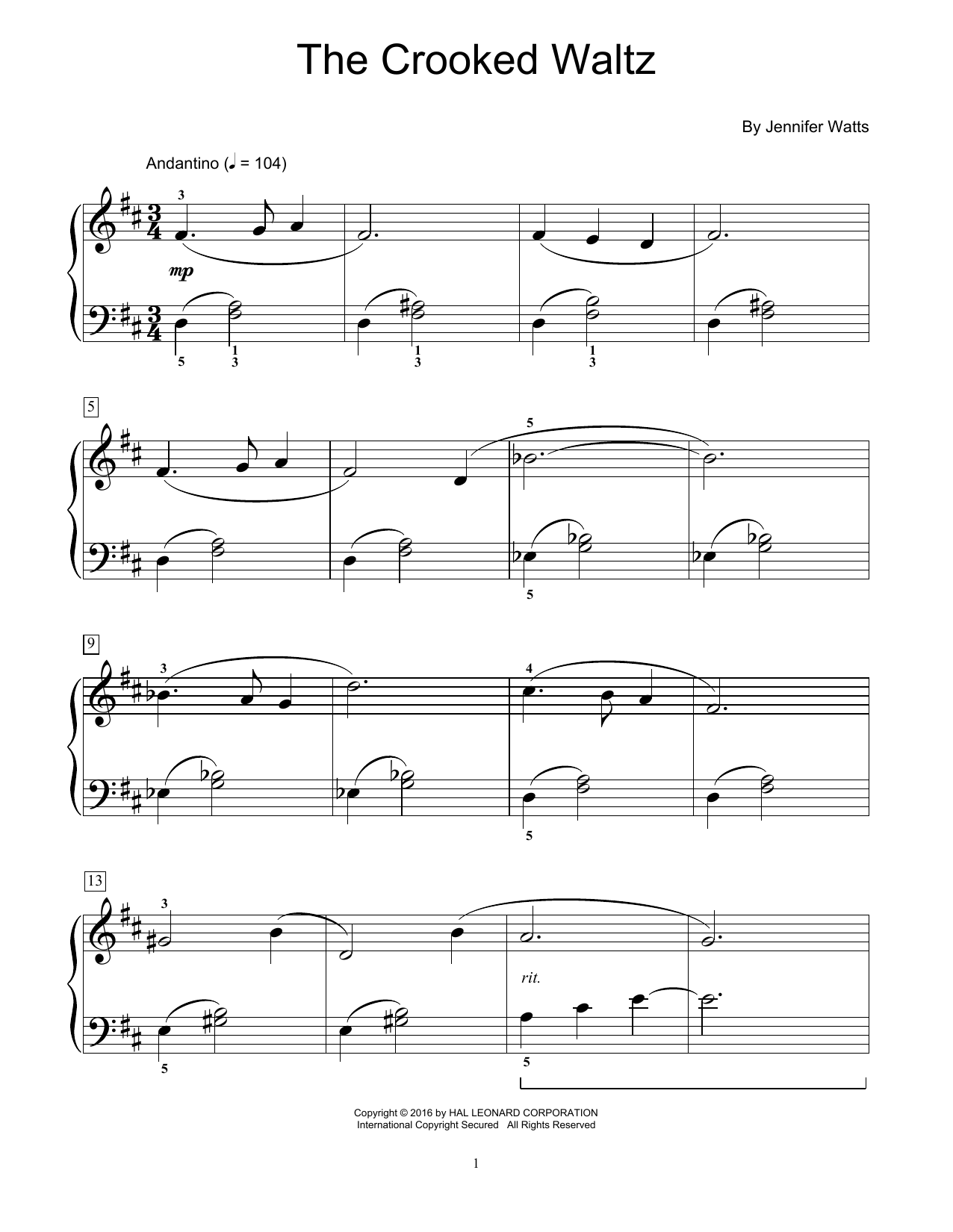 Jennifer Watts The Crooked Waltz sheet music notes and chords arranged for Educational Piano