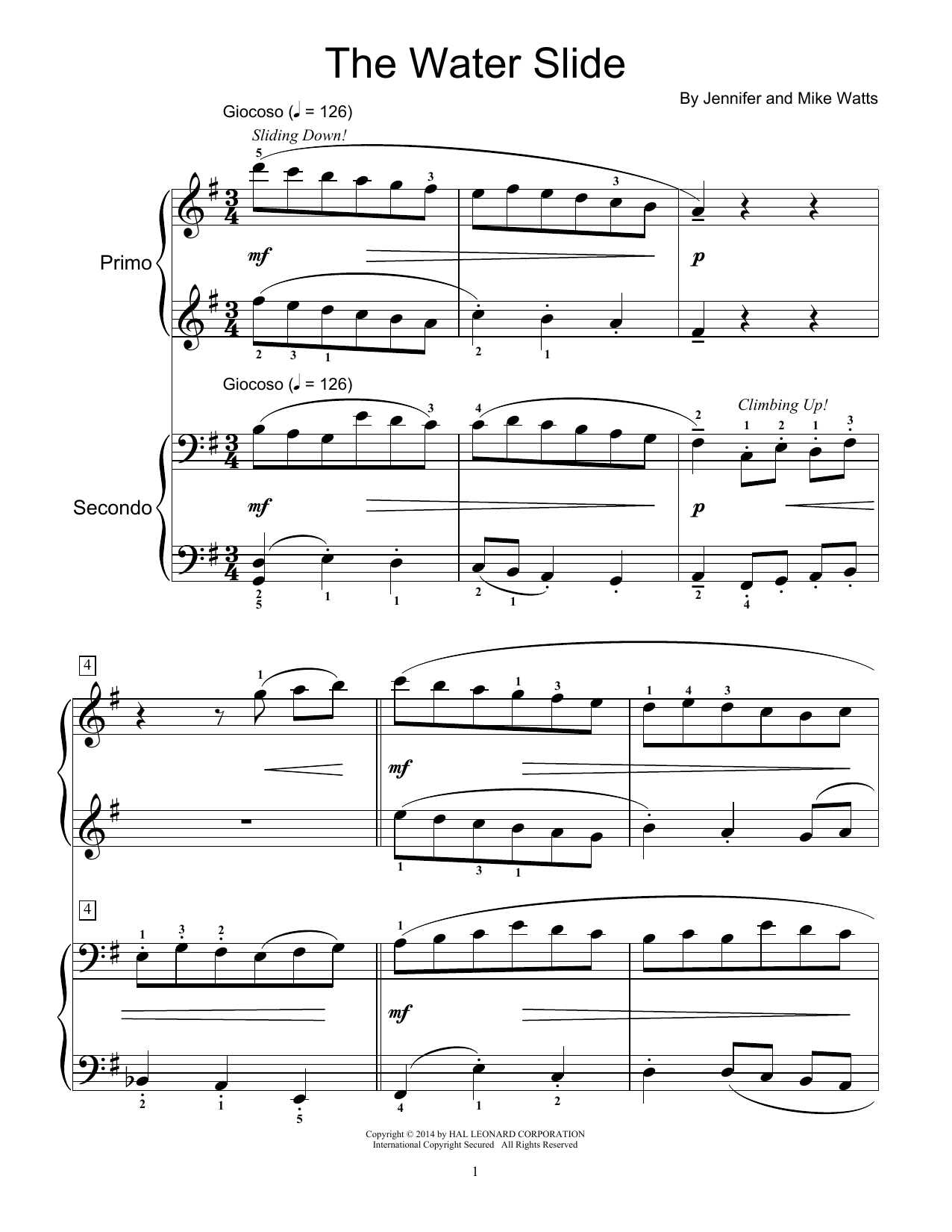 Jennifer Watts The Water Slide sheet music notes and chords arranged for Piano Duet