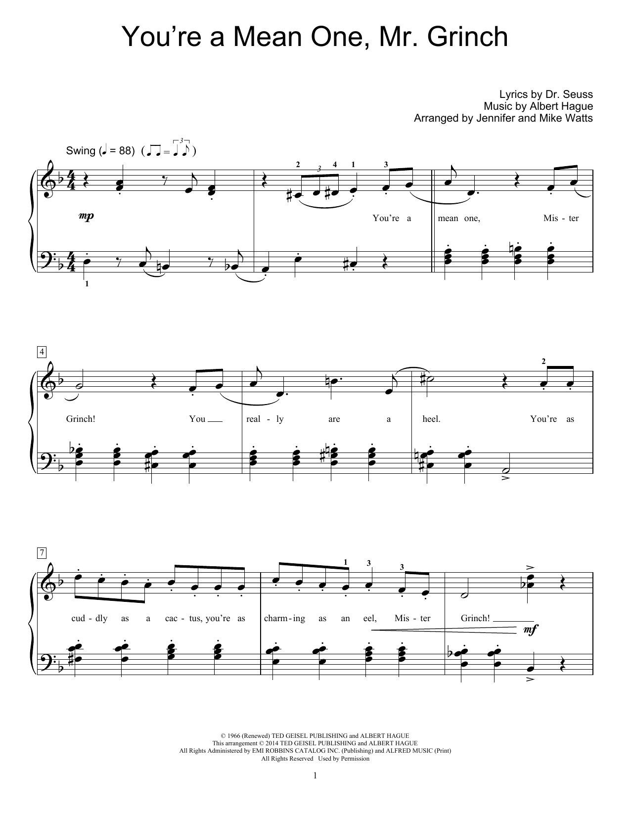 Jennifer Watts You're A Mean One, Mr. Grinch sheet music notes and chords arranged for Educational Piano