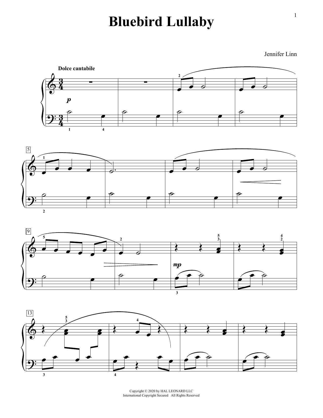 Jennifer Linn Bluebird Lullaby sheet music notes and chords arranged for Educational Piano