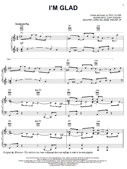 Jennifer Lopez I'm Glad sheet music notes and chords. Download Printable PDF.