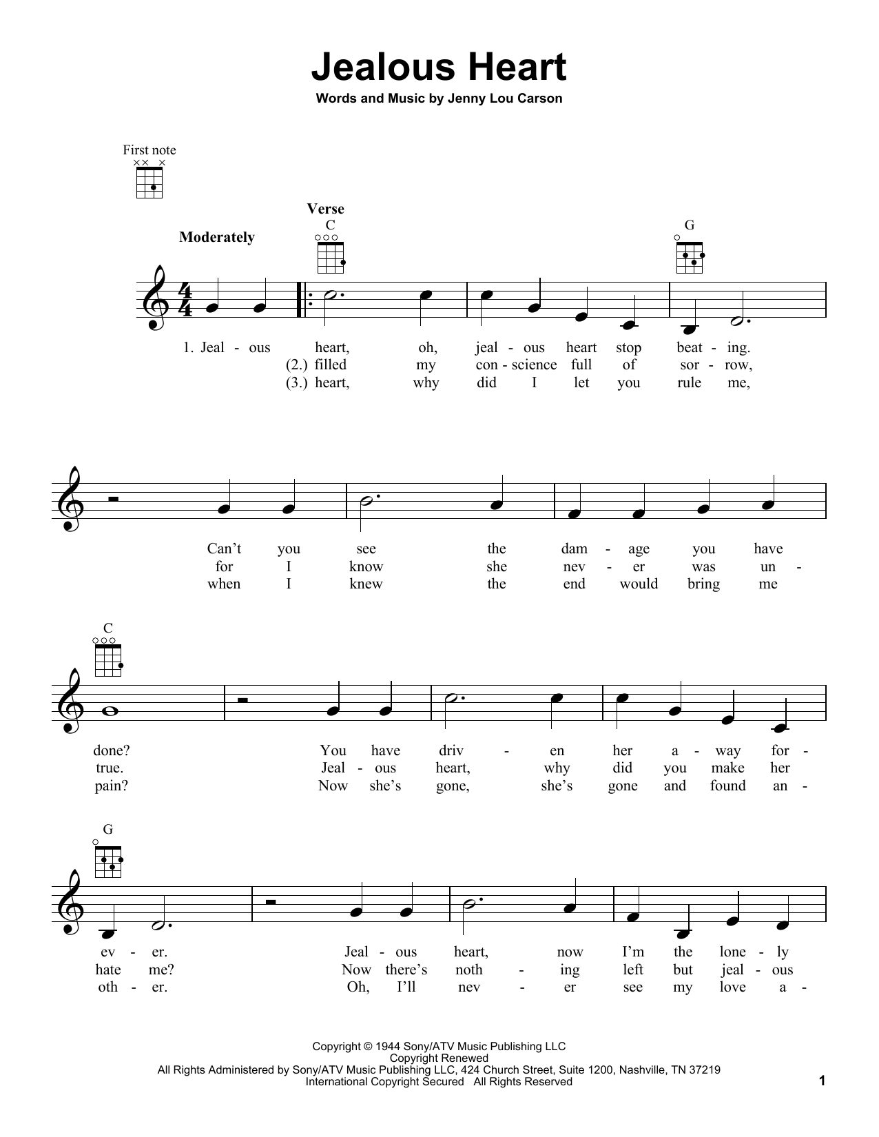 Jenny Lou Carson Jealous Heart sheet music notes and chords arranged for Real Book – Melody, Lyrics & Chords