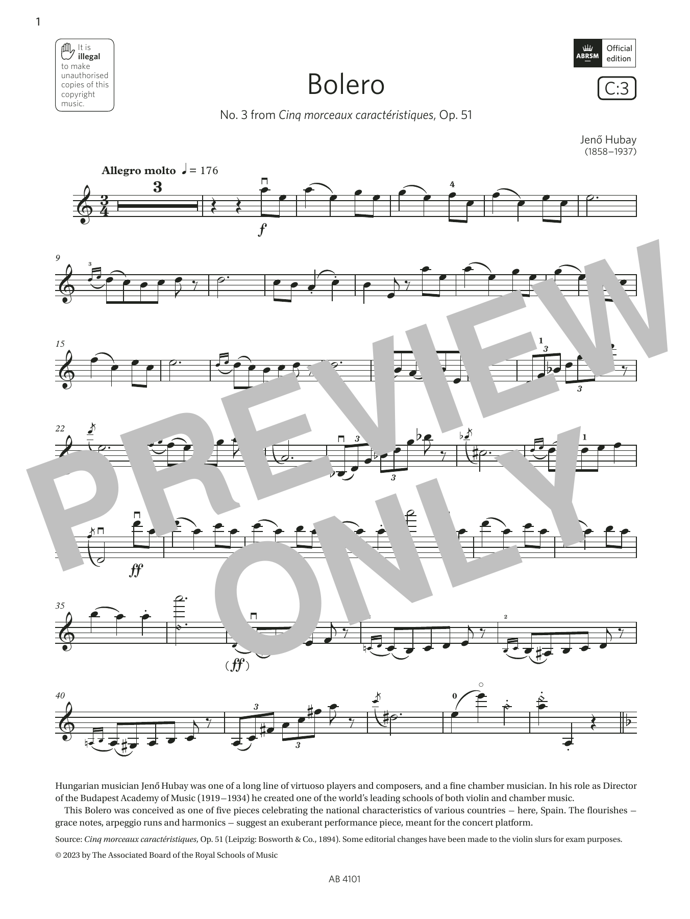 Jenő Hubay Bolero (Grade 7, C3, from the ABRSM Violin Syllabus from 2024) sheet music notes and chords arranged for Violin Solo