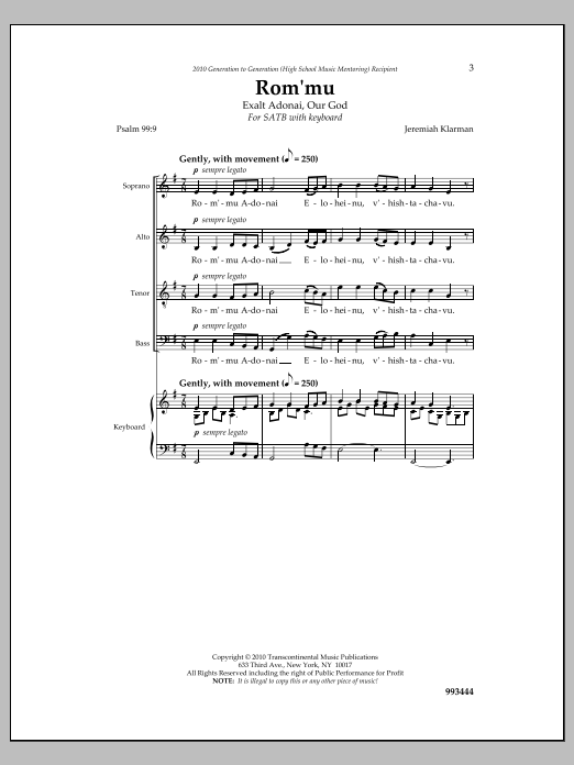 Jeremiah Klarman Rom'mu sheet music notes and chords arranged for SATB Choir
