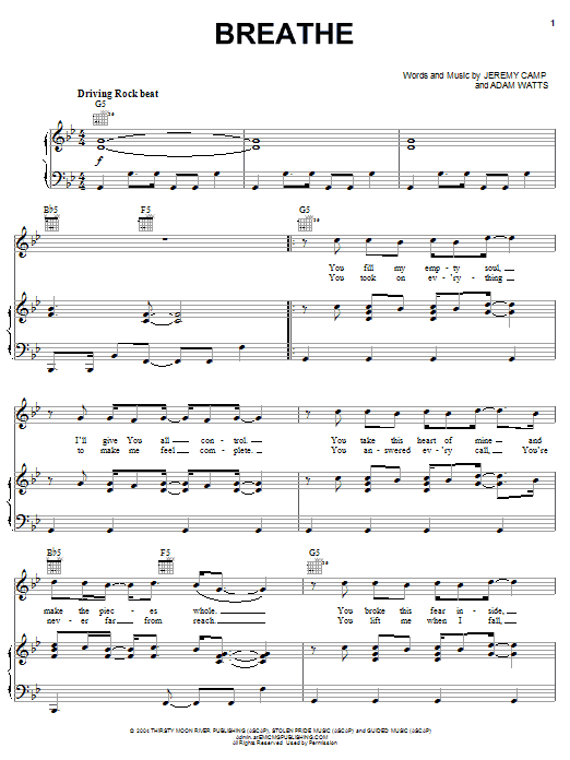 Jeremy Camp Breathe sheet music notes and chords arranged for Piano, Vocal & Guitar Chords (Right-Hand Melody)
