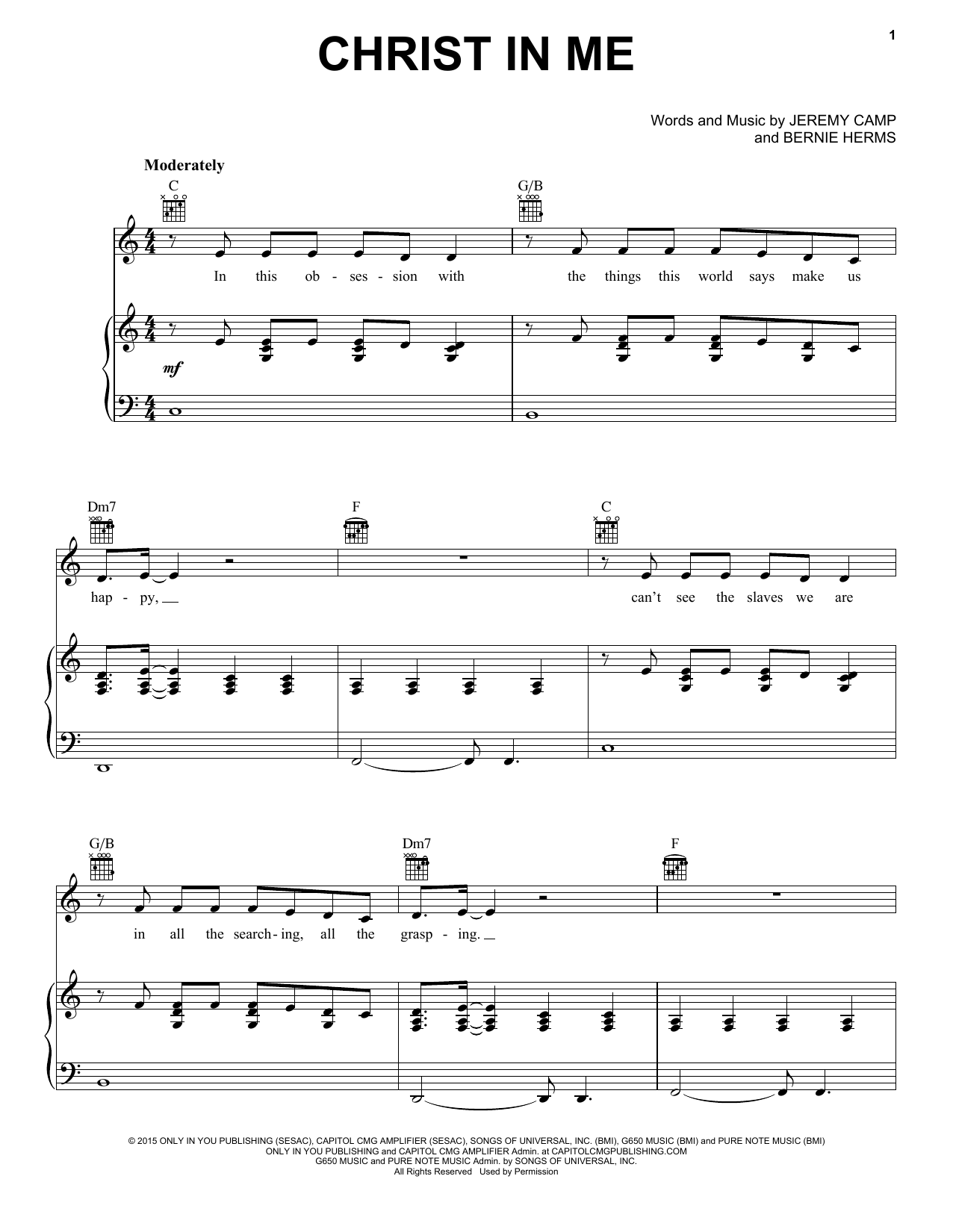 Jeremy Camp Christ In Me sheet music notes and chords arranged for Piano, Vocal & Guitar Chords (Right-Hand Melody)