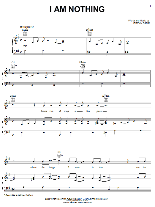 Jeremy Camp I Am Nothing sheet music notes and chords arranged for Piano, Vocal & Guitar Chords (Right-Hand Melody)