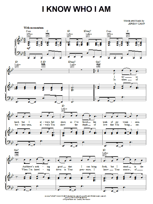 Jeremy Camp I Know Who I Am sheet music notes and chords arranged for Piano, Vocal & Guitar Chords (Right-Hand Melody)