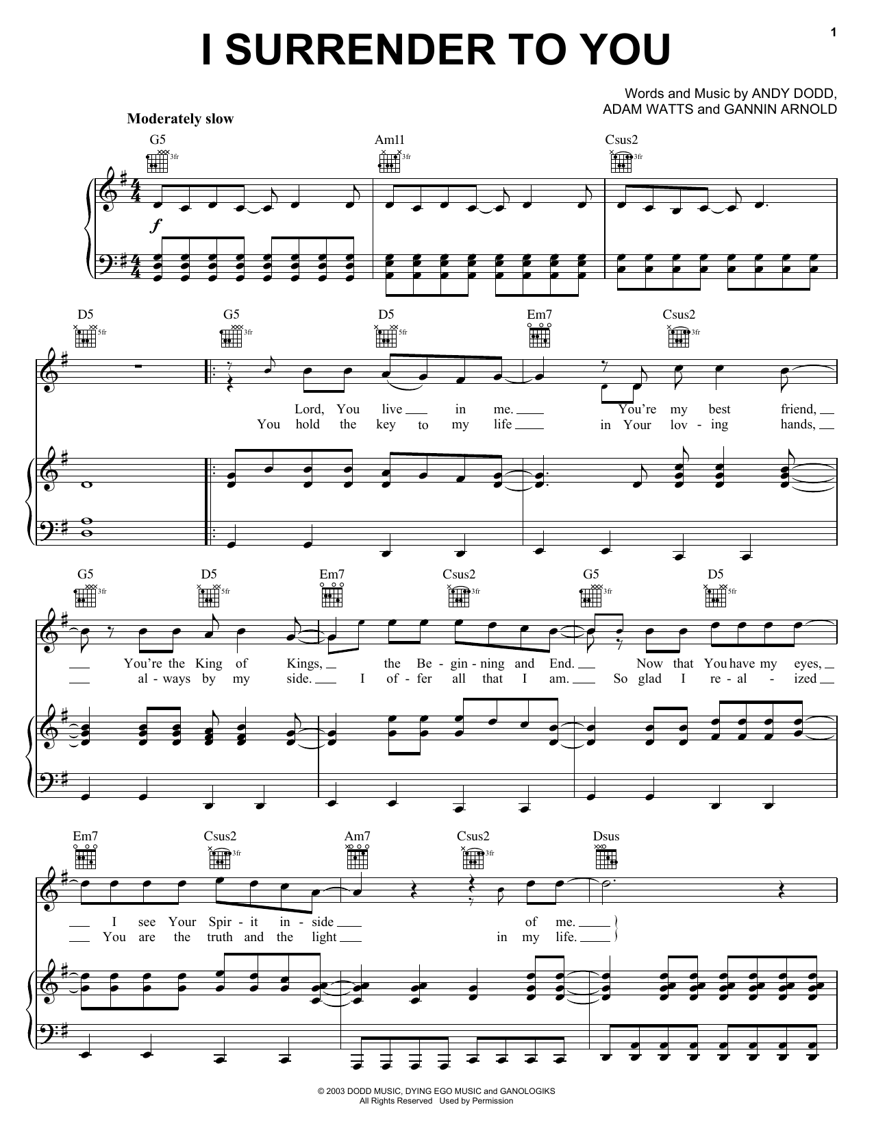 Jeremy Camp I Surrender To You sheet music notes and chords arranged for Piano, Vocal & Guitar Chords (Right-Hand Melody)