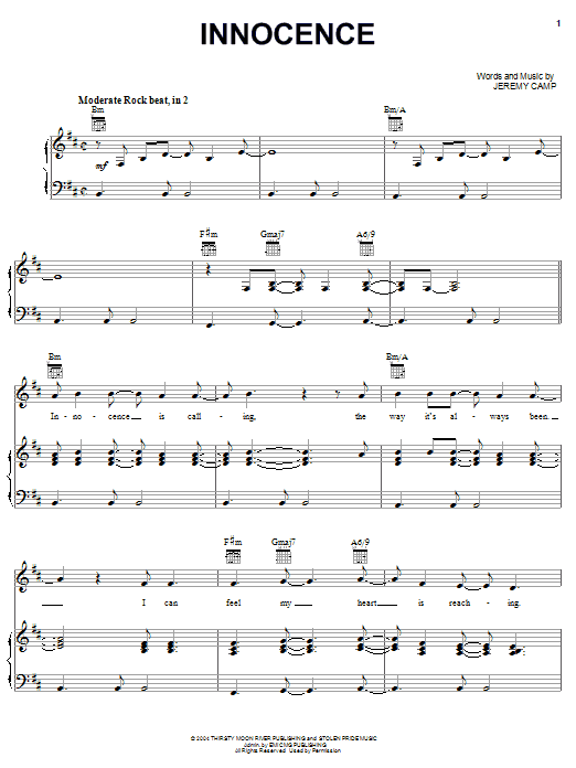 Jeremy Camp Innocence sheet music notes and chords arranged for Piano, Vocal & Guitar Chords (Right-Hand Melody)