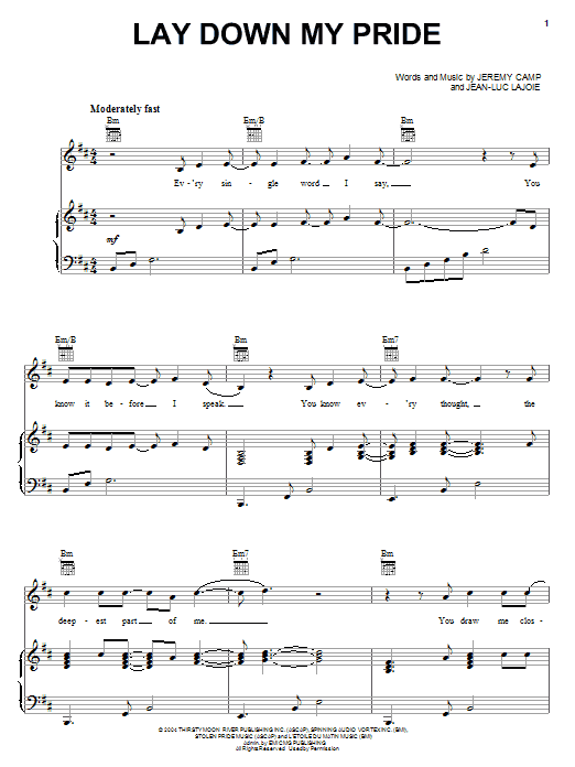 Jeremy Camp Lay Down My Pride sheet music notes and chords arranged for Piano, Vocal & Guitar Chords (Right-Hand Melody)