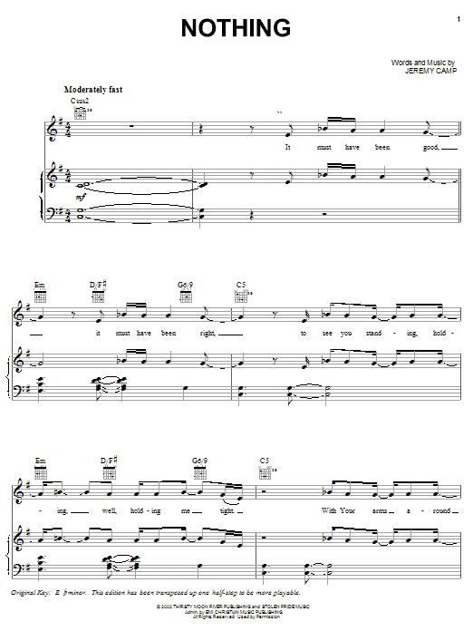 Jeremy Camp Nothing sheet music notes and chords arranged for Piano, Vocal & Guitar Chords (Right-Hand Melody)