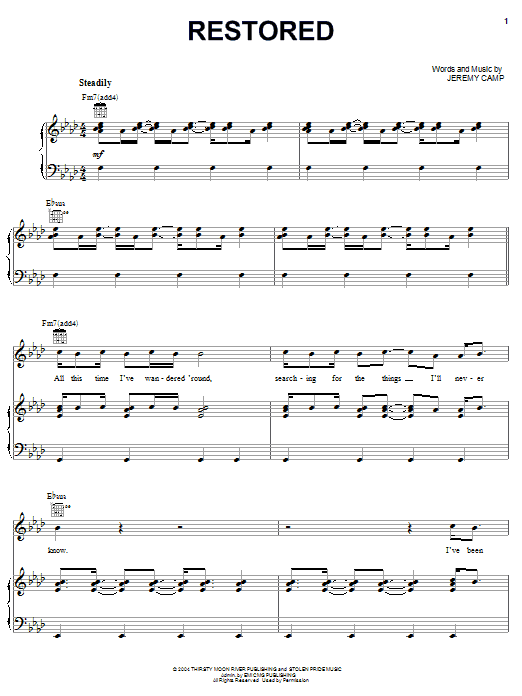 Jeremy Camp Restored sheet music notes and chords arranged for Piano, Vocal & Guitar Chords (Right-Hand Melody)