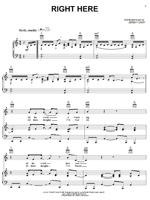 Jeremy Camp Right Here sheet music notes and chords arranged for Piano, Vocal & Guitar Chords (Right-Hand Melody)