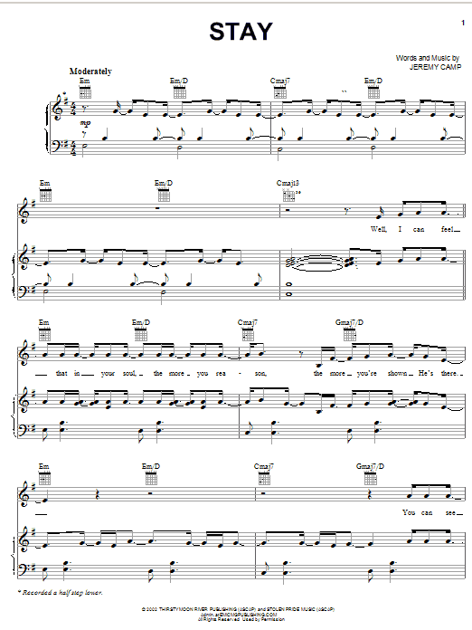 Jeremy Camp Stay sheet music notes and chords arranged for Piano, Vocal & Guitar Chords (Right-Hand Melody)