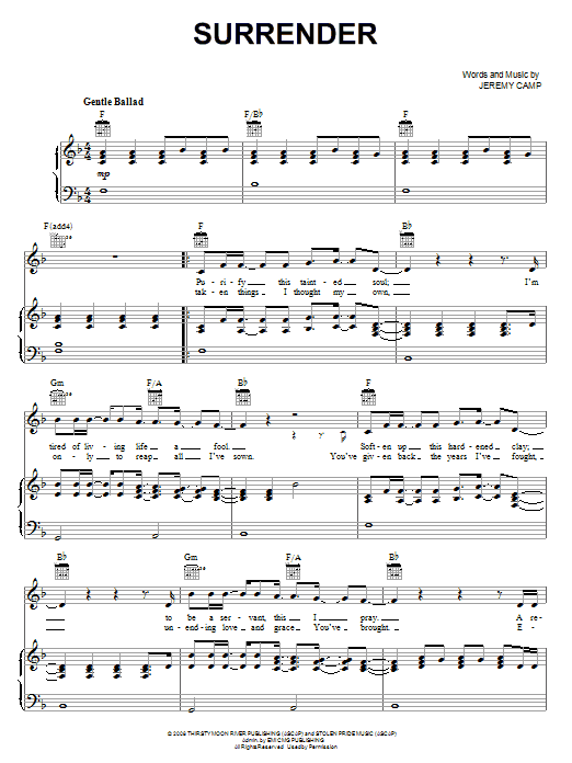 Jeremy Camp Surrender sheet music notes and chords arranged for Piano, Vocal & Guitar Chords (Right-Hand Melody)