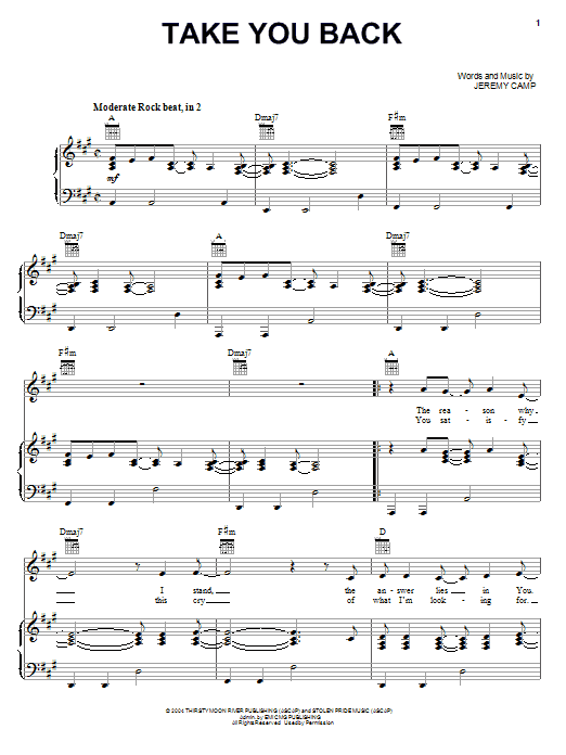 Jeremy Camp Take You Back sheet music notes and chords arranged for Piano, Vocal & Guitar Chords (Right-Hand Melody)