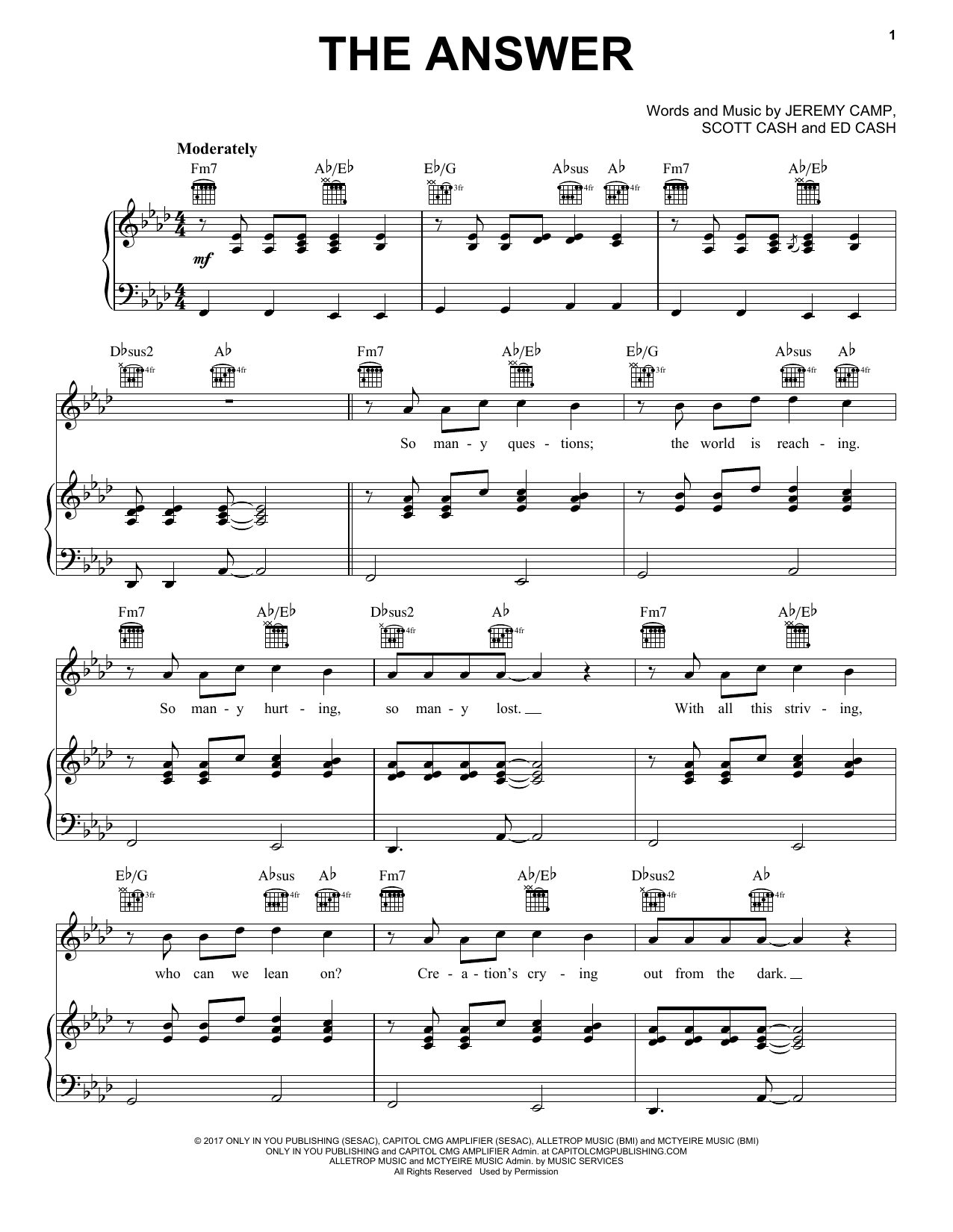 Jeremy Camp The Answer sheet music notes and chords arranged for Piano, Vocal & Guitar Chords (Right-Hand Melody)