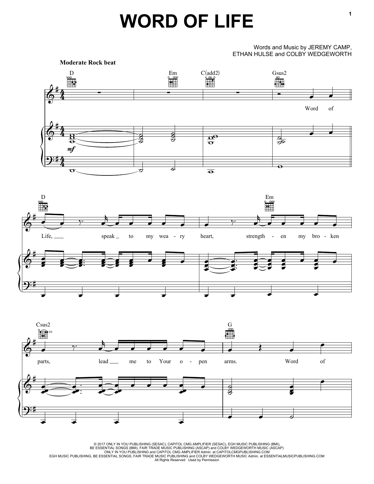Jeremy Camp Word Of Life sheet music notes and chords arranged for Piano, Vocal & Guitar Chords (Right-Hand Melody)