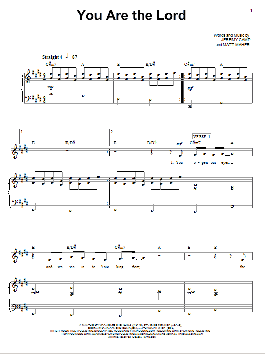 Jeremy Camp You Are The Lord sheet music notes and chords arranged for Piano, Vocal & Guitar Chords (Right-Hand Melody)