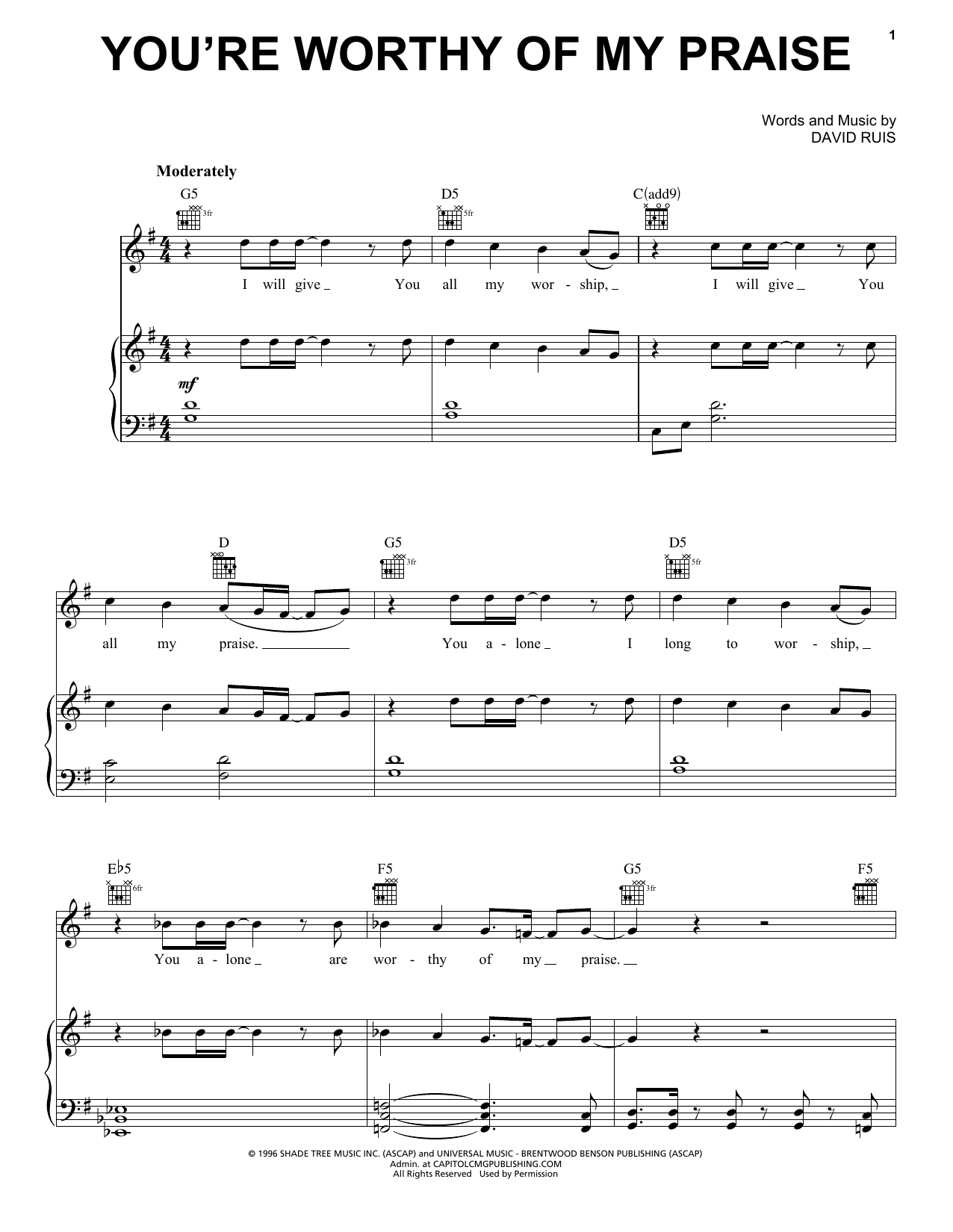 Jeremy Camp You're Worthy Of My Praise sheet music notes and chords arranged for Piano, Vocal & Guitar Chords (Right-Hand Melody)