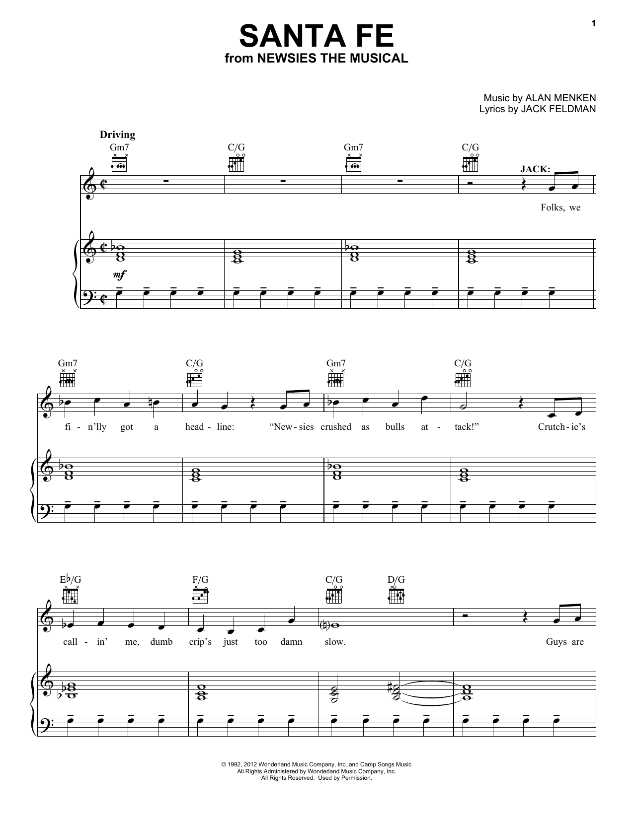 Jeremy Jordan Santa Fe (from Newsies: The Musical) sheet music notes and chords arranged for Vocal Pro + Piano/Guitar