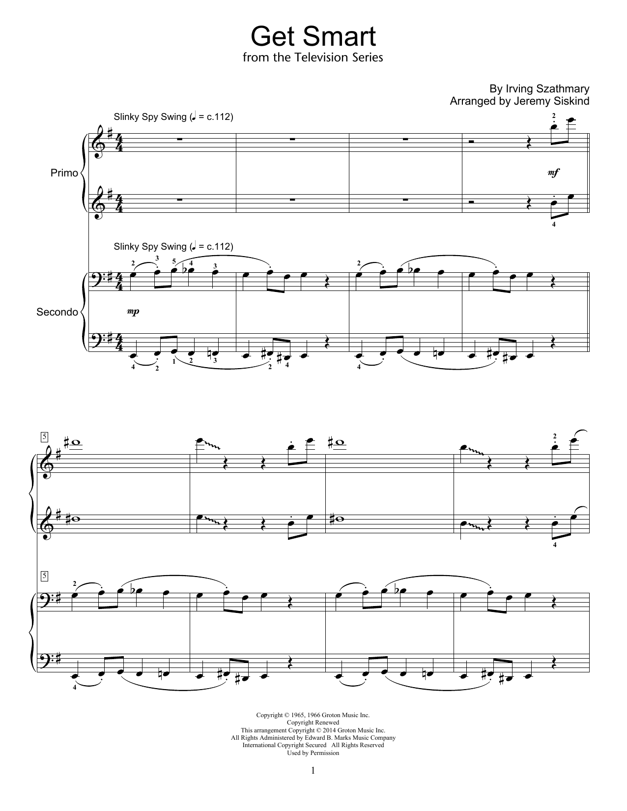 Jeremy Siskind Get Smart sheet music notes and chords arranged for Piano Duet
