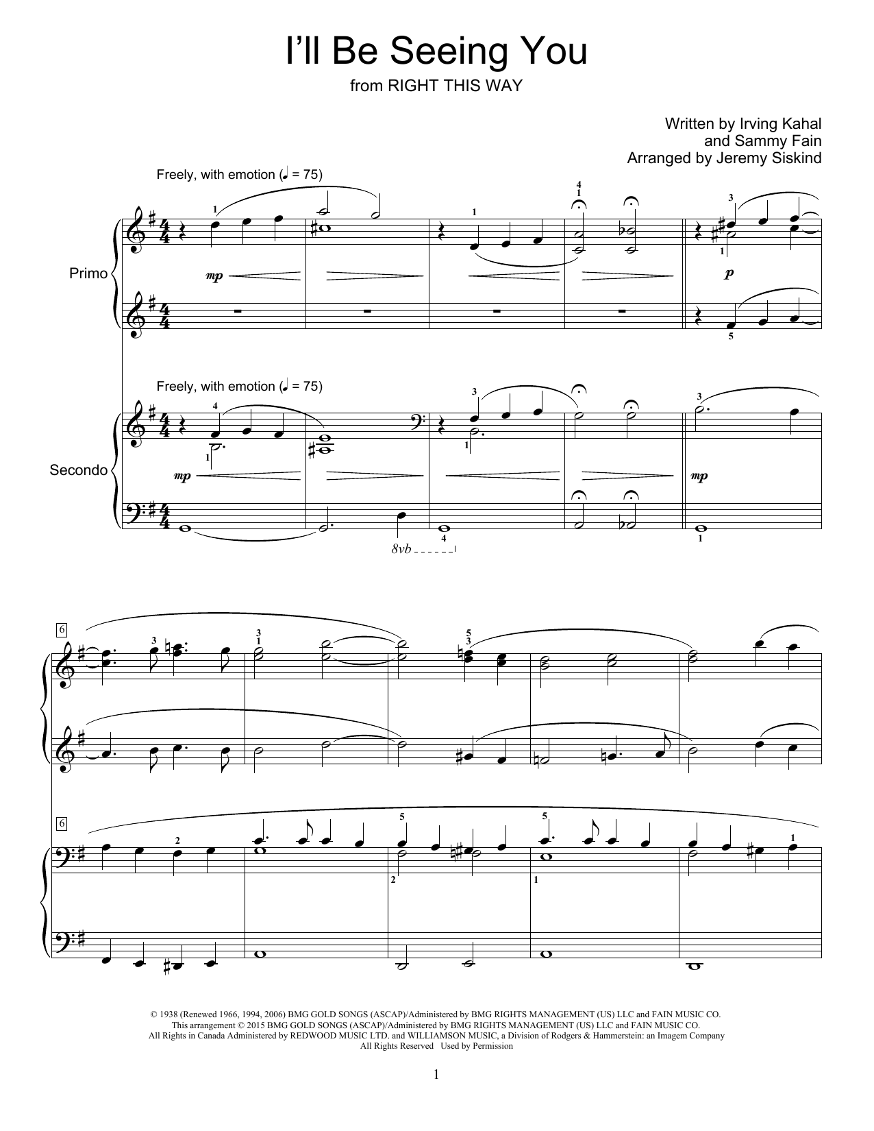 Jeremy Siskind I'll Be Seeing You sheet music notes and chords arranged for Piano Duet