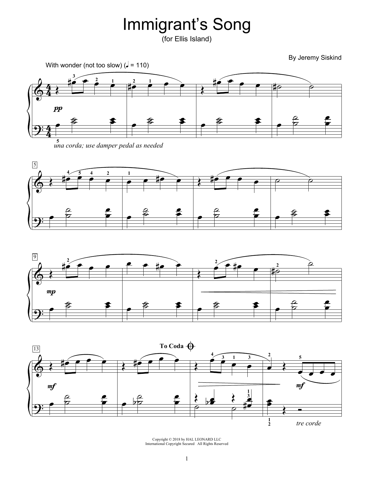 Jeremy Siskind Immigrant's Song sheet music notes and chords arranged for Educational Piano