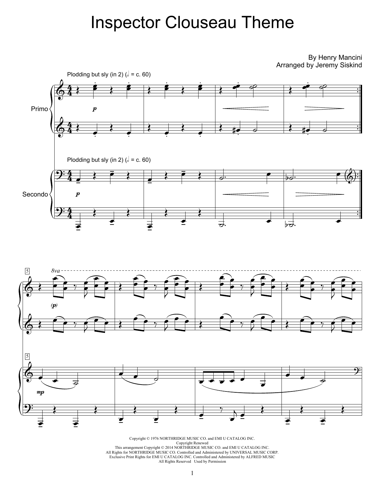 Jeremy Siskind Inspector Clouseau Theme sheet music notes and chords arranged for Piano Duet