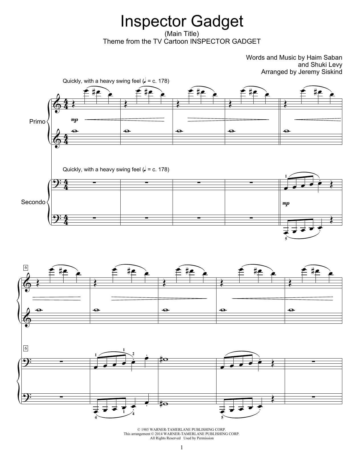 Jeremy Siskind Inspector Gadget (Main Title) sheet music notes and chords arranged for Piano Duet