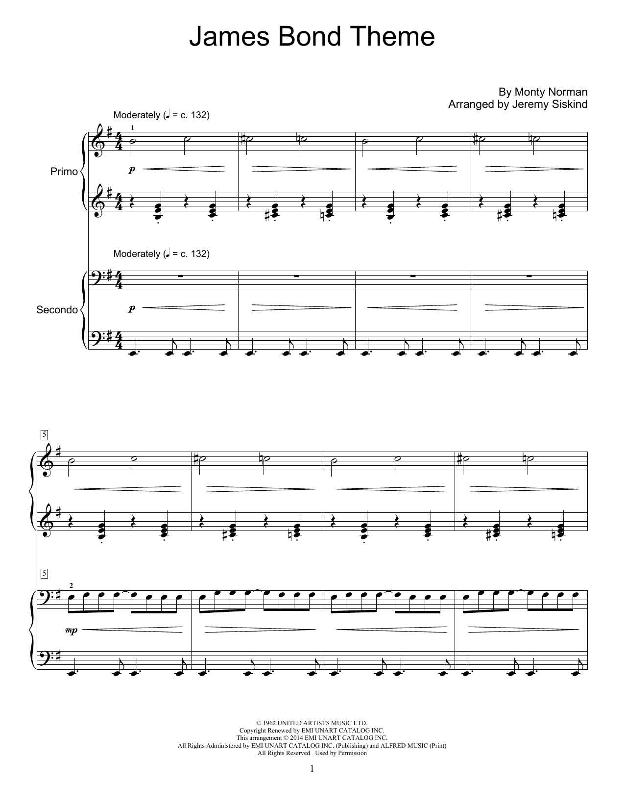 Jeremy Siskind James Bond Theme sheet music notes and chords arranged for Piano Duet