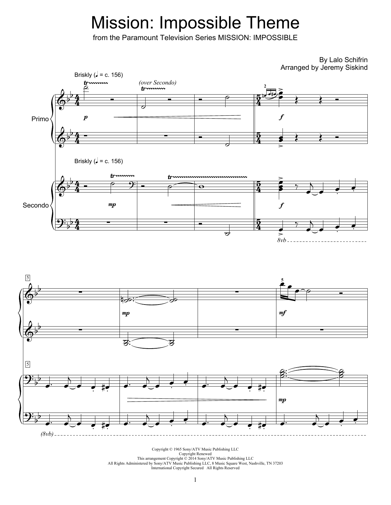 Jeremy Siskind Mission: Impossible Theme sheet music notes and chords arranged for Piano Duet