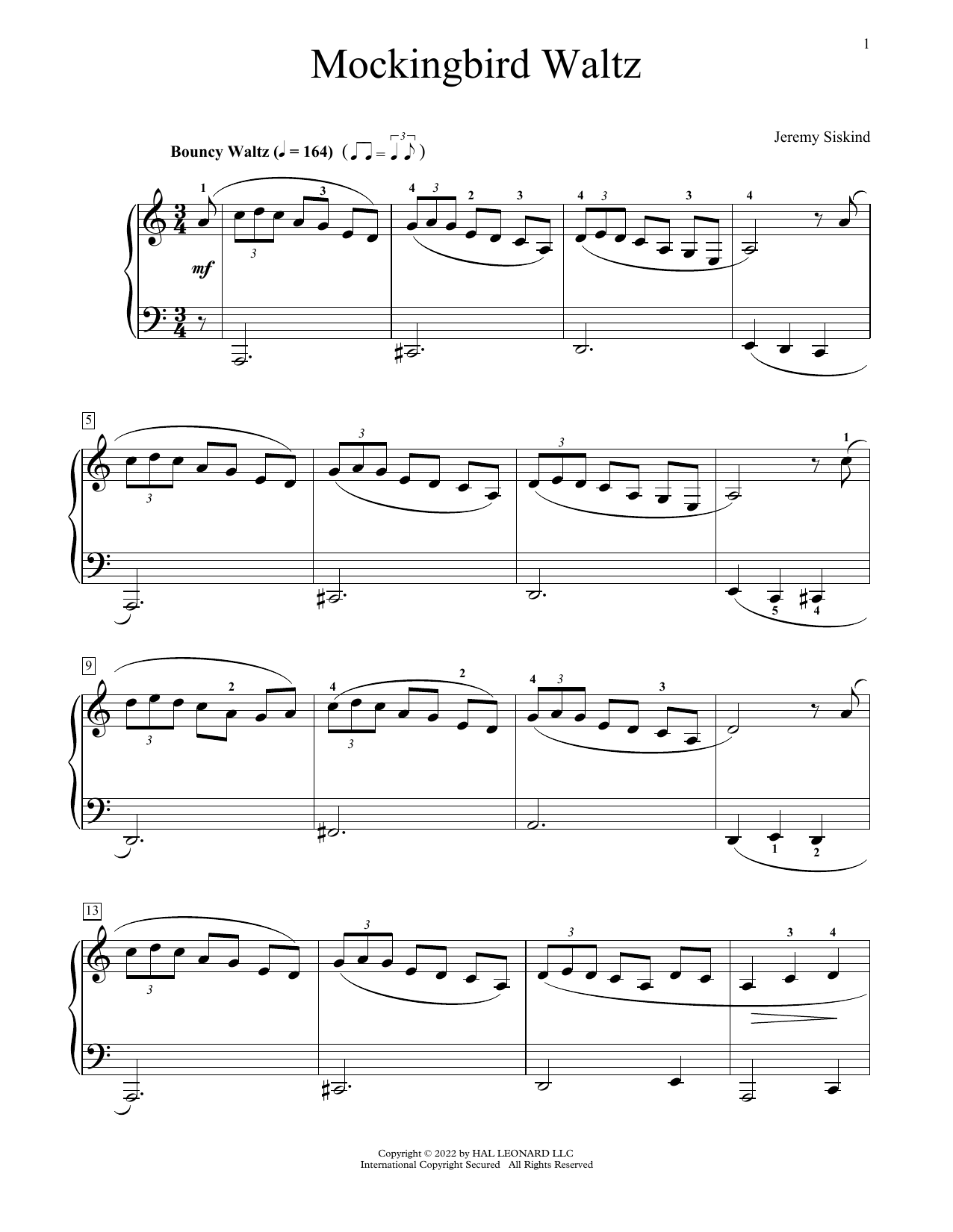 Jeremy Siskind Mockingbird Waltz sheet music notes and chords arranged for Educational Piano