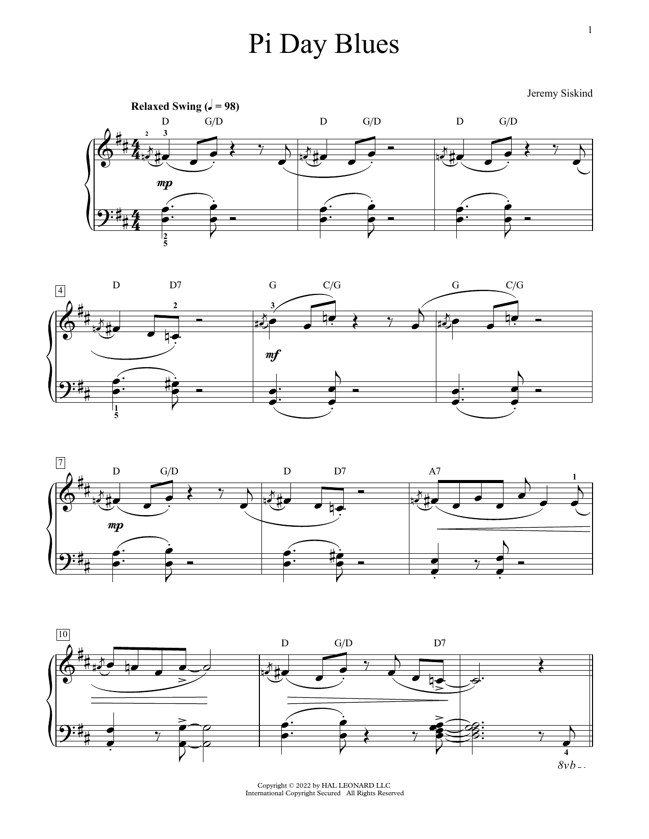 Jeremy Siskind Pi Day Blues sheet music notes and chords arranged for Educational Piano