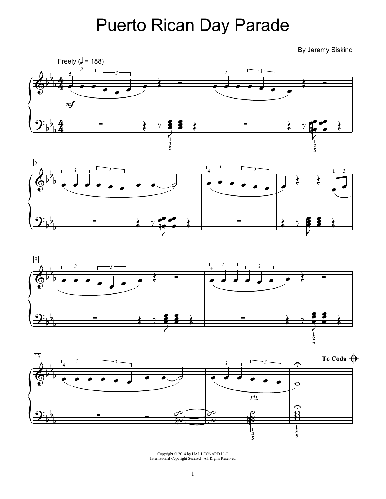 Jeremy Siskind Puerto Rican Day Parade sheet music notes and chords arranged for Educational Piano