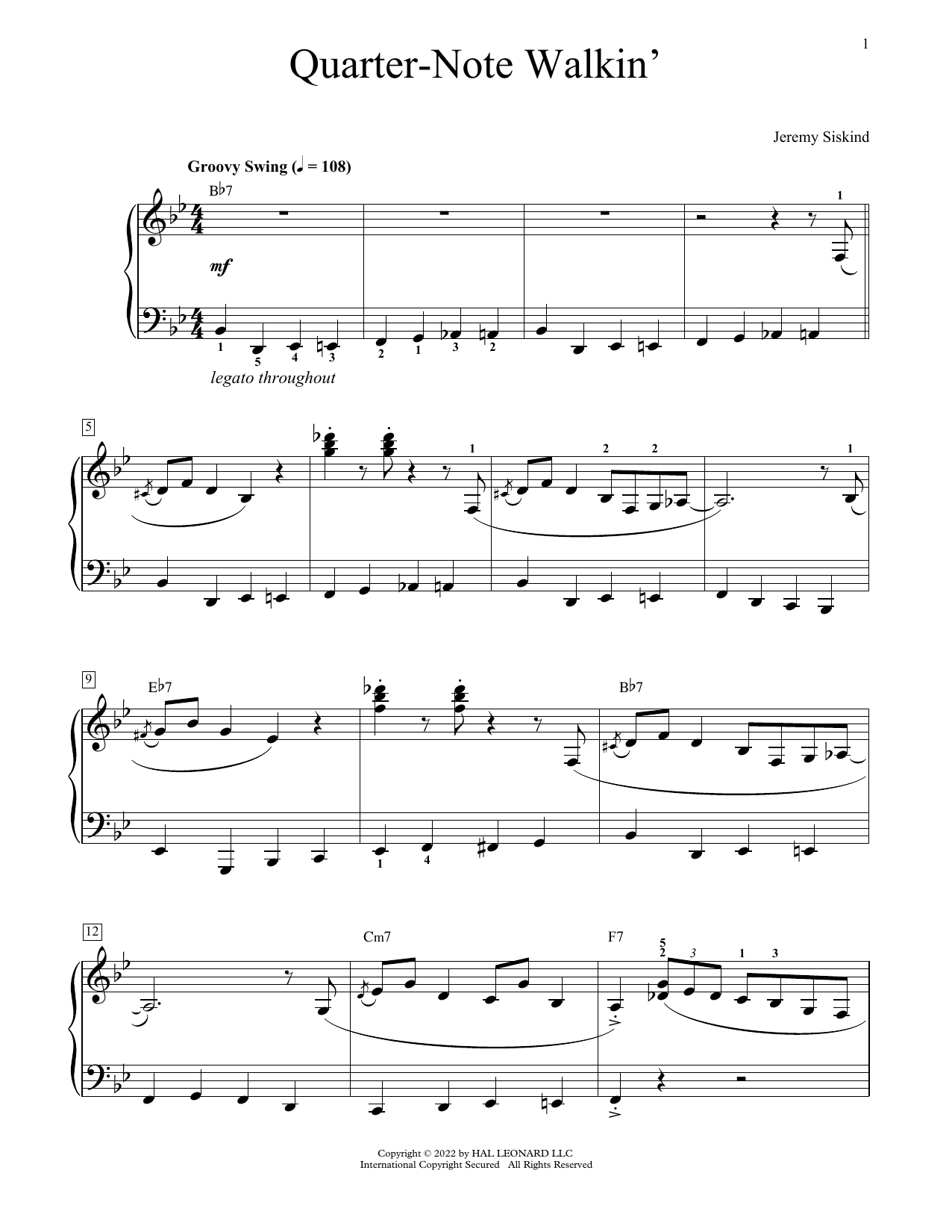 Jeremy Siskind Quarter-Note Walkin' sheet music notes and chords arranged for Educational Piano