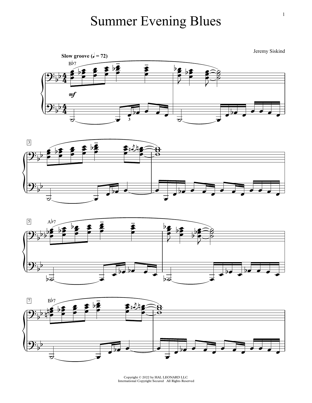 Jeremy Siskind Summer Evening Blues sheet music notes and chords arranged for Educational Piano