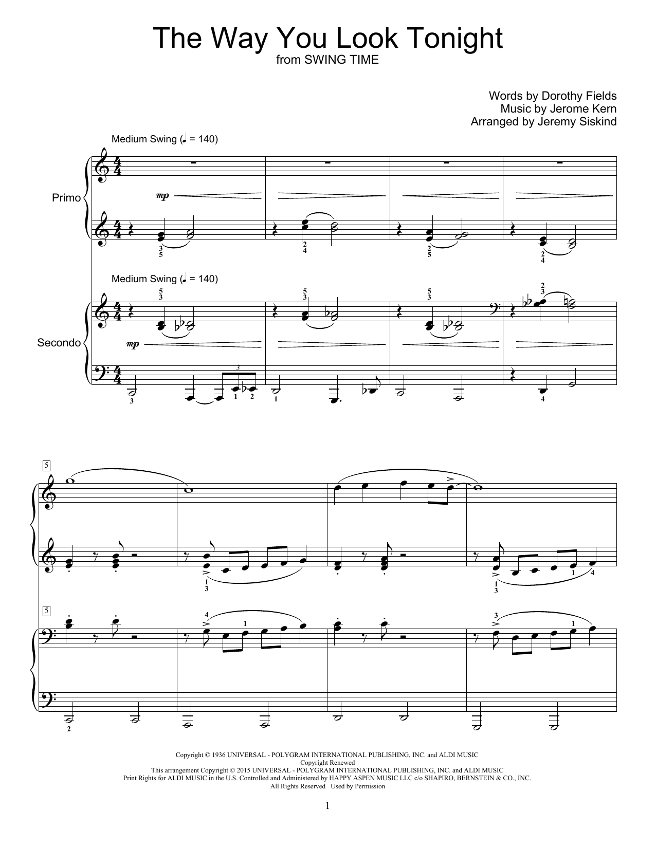 Jeremy Siskind The Way You Look Tonight sheet music notes and chords arranged for Piano Duet
